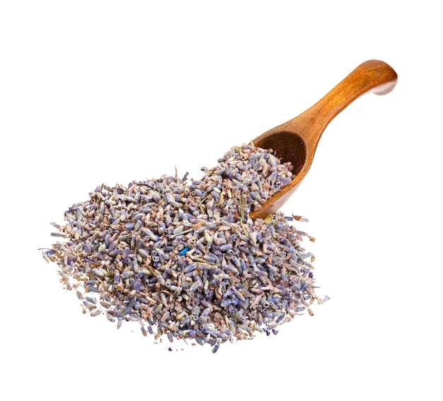 Dried lavender flowers on the wooden spoon