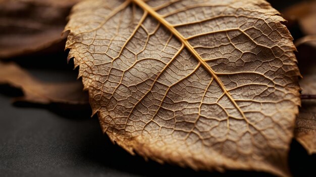 Photo dried leaf closeup highlighting detailed veins