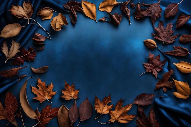 Dried leaves composition flat lay with free space for copy blue velvet fabric background