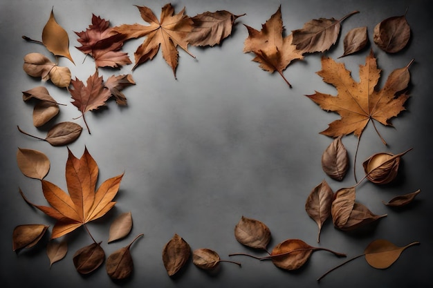 Dried leaves composition flat lay with free space for copy grey paper background