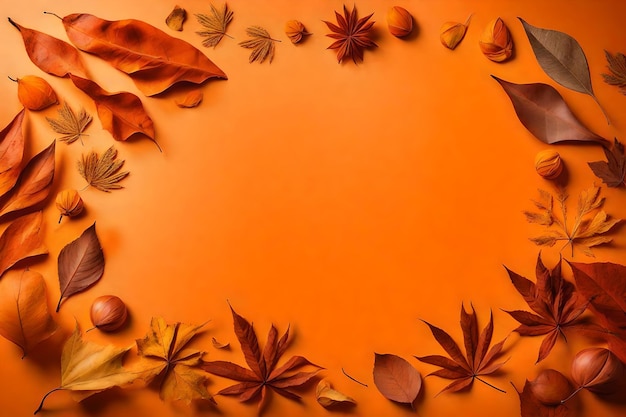 Dried leaves composition flat lay with free space for copy orange paper background