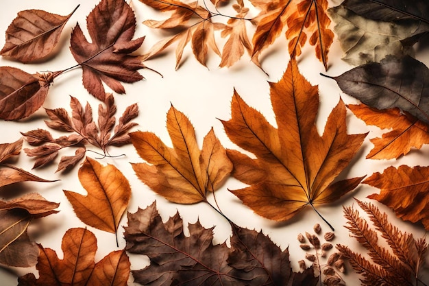 Dried leaves composition flat lay with free space for copy tinted glass background