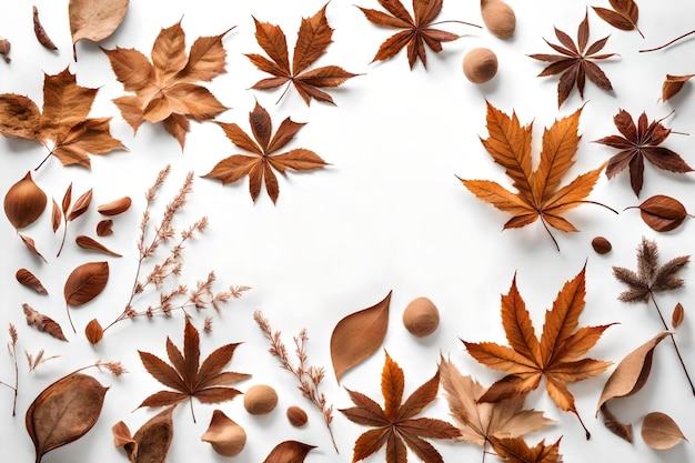 Dried leaves composition flat lay with free space for copy white ceramic background