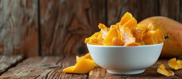 Dried Mango Slices in a Bowl on a Wooden Table