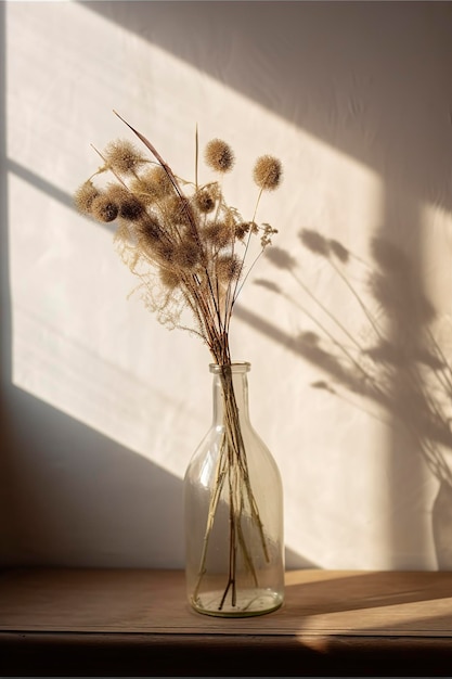 Dried meadow grass bouquet in clear glass bottle aesthetic sun light shadows on neutral wall minimalist floral interior design generate ai