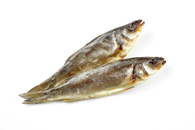 Dried mullet Closeup selective focus White background