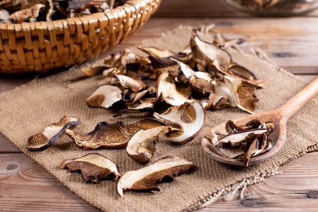 Dried mushrooms on a wooden table