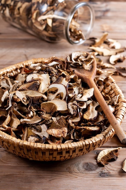 Dried mushrooms on a wooden table