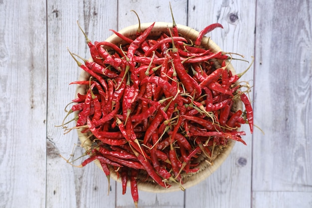 Dried peppers in a bowl on table