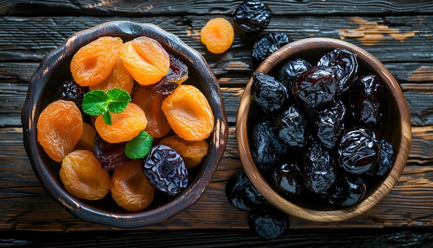 Photo dried plums and apricots on wooden backgroundtop view