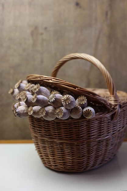 dried poppies in a brown basket still life