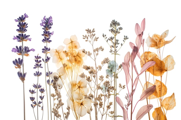 Dried and pressed flowers isolated on white background Beautiful herbarium