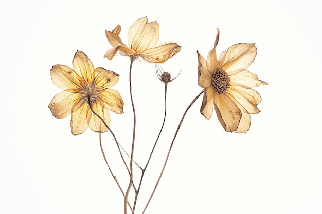 Dried and pressed flowers isolated on white background Beautiful herbarium