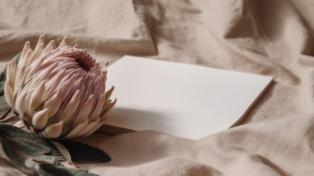 Dried protea flower with blank paper card Luxury Background Illustration AI GenerativexA