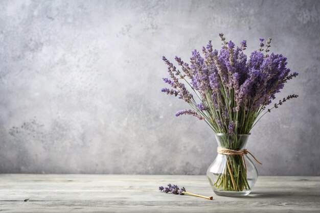 Photo dried purple lavender in vase on table at light gray wall mockup for positive idea empty place for inspirational emotional sentimental text