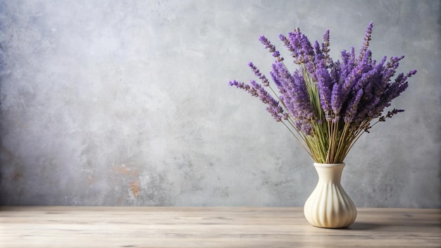 Photo dried purple lavender in vase on table at light gray wall mockup for positive idea empty place for inspirational emotional sentimental text