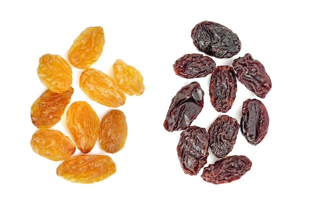 Dried raisins on white background