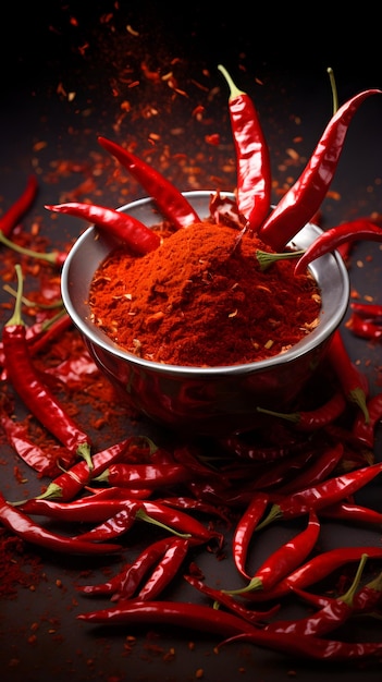 Dried red chilli red chilli powder chilli leaves on wooden table