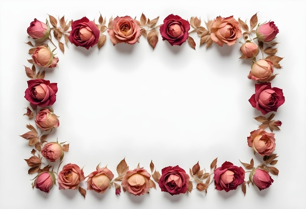 Dried rose flower frame on white background with copy space