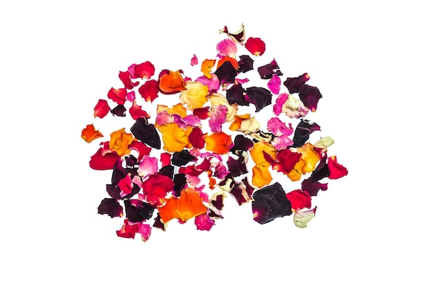 Dried rose petals on a white background