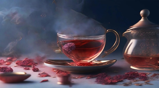 Dried roses with a cup of hot tea on a black table