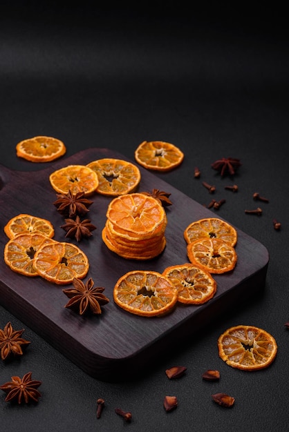 Dried round shape slices of bright orange color tangerine