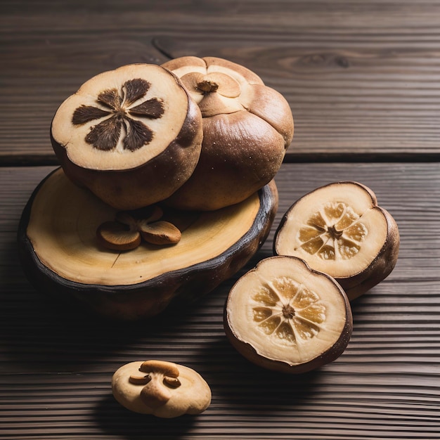 The dried shiitake mushrooms on old wooden table