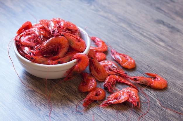 Dried shrimp in white ceramic bowl.