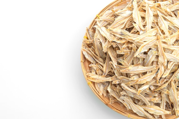 dried small crispy bake fish isolated on white background