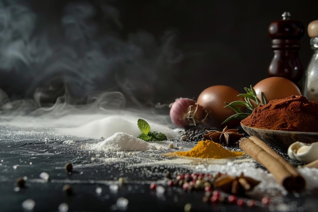 Photo dried spices with onion on the dark table top