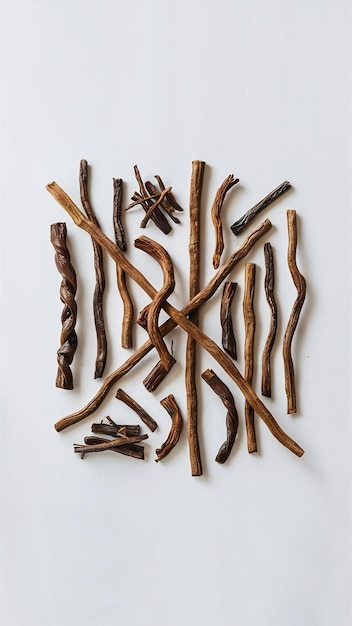 Photo dried sticks of liquorice root on white background