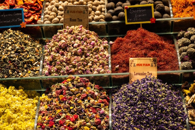 Photo dried tea fruits herbs flowers at istanbul spice bazaar