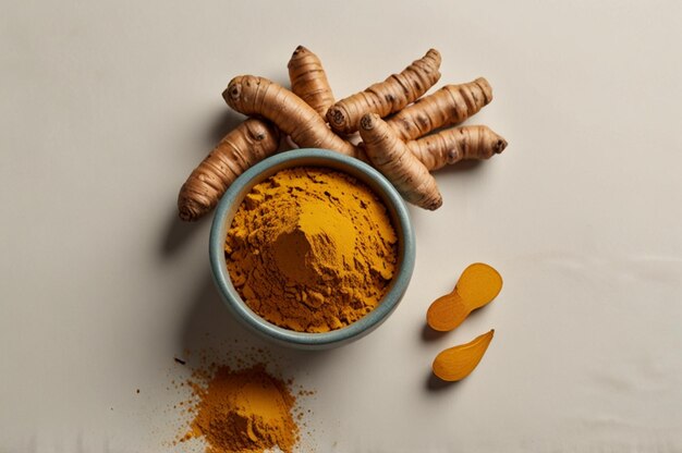 Photo dried turmeric curcumin yellow ginger powder isolated on white color background