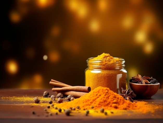 Dried turmeric powder in a can on dark bokeh background Curcuma powder with cinnamon and spices copy sapce Popular Indian curry spice made of turmeric root also used in medicine or as natural dye