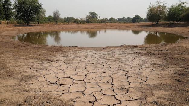 Photo dried up lake with cracked earth surrounded by trees reflecting climate change effects