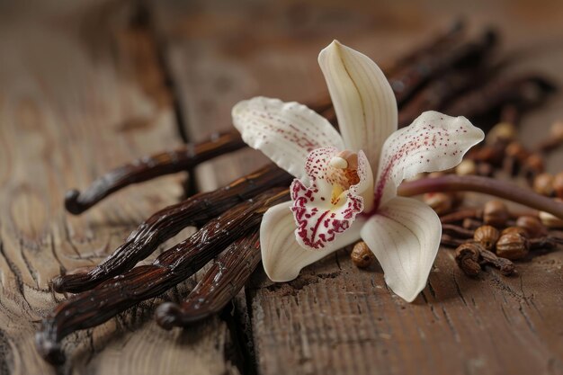 Dried vanilla sticks and vanilla orchid on wooden table Closeup