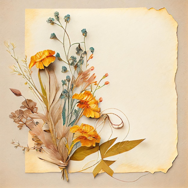 Dried watercolor flowers and plants over antique vintage card Generative AI