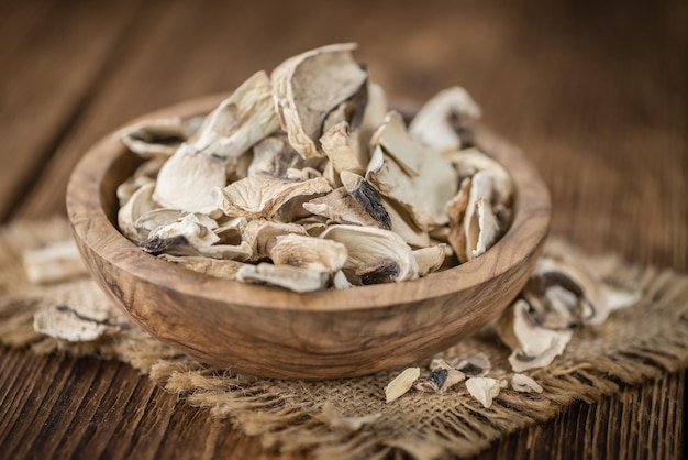 Dried white Mushrooms selective focus