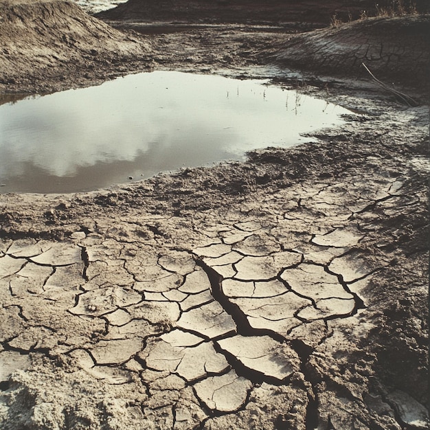 A driedup pond or lake with cracked mud and no water visible