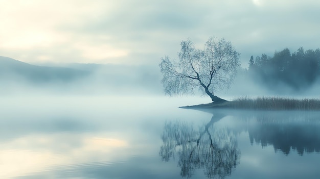 Photo drifting fog over still lake at dawn