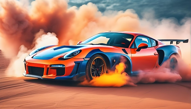 Drifting sports car in desert wallpaper Dust and smokes high speed performance luxury sports car