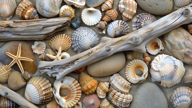 Driftwood and seashells on a beach This image is perfect for a background or for use in a collage