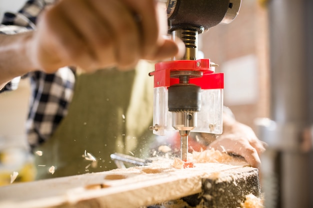 Drill Boring into Wood Closeup