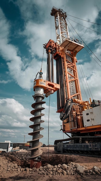 Photo the drilling rig closeup is drilling a well agnst the background of the cloudy sky deep hole drilli