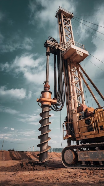 Photo the drilling rig closeup is drilling a well agnst the background of the cloudy sky deep hole drilli