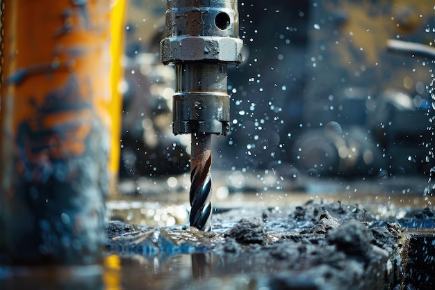 Photo drilling rig equipment operates in a construction site with flying water droplets during daytime