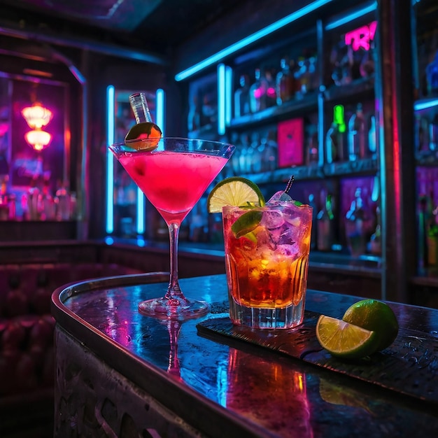 a drink on a bar with a lime wedge on the bar