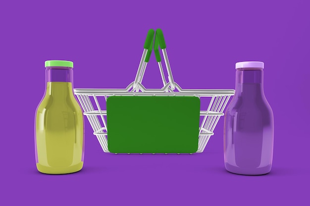 Drink Bottles and Shopping Basket Front Side In Purple Background