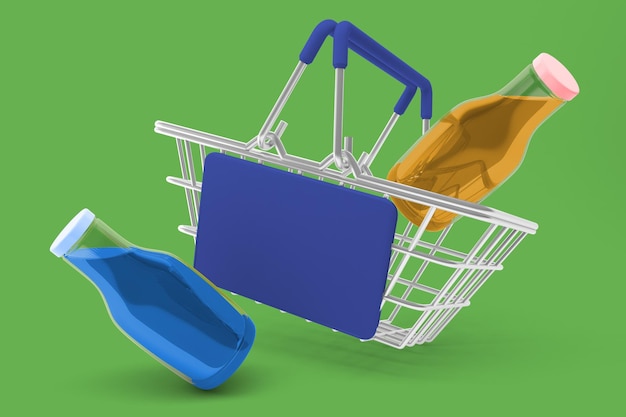 Drink Bottles and Shopping Basket Left Side In Green Background