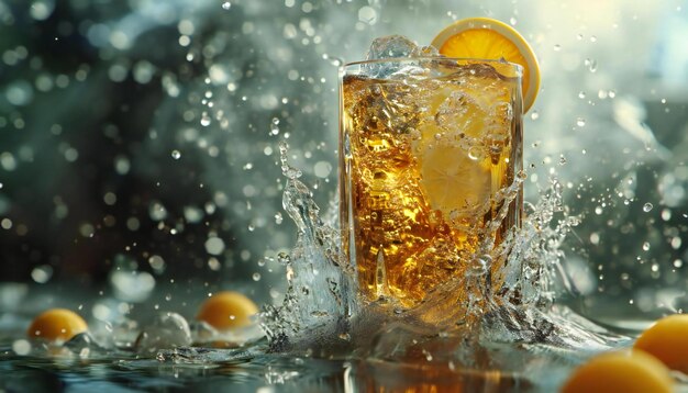 A drink commercial with a splash background